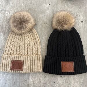 CC Pom-Pom Beanie Set - Black and Cream